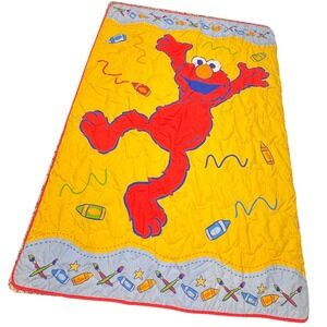 Y2K Sesame Street Elmo Comforter Toddler Size Yellow Quilt Crayon Primary Colors